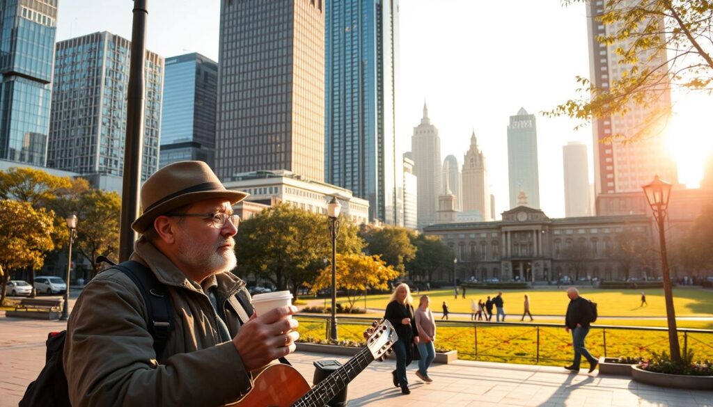 A tranquil urban scene, bathed in warm afternoon light. In the foreground, a street musician takes a well-deserved break, enjoying a hot beverage and savoring a moment of respite. The middle ground features a serene city park, where pedestrians stroll leisurely, unencumbered by the hustle and bustle of the workday. In the background, modern high-rises and historic buildings coexist harmoniously, creating a balanced skyline. The overall atmosphere conveys a sense of work-life harmony, where the creative pursuits of the musician are seamlessly integrated with the rhythms of daily life.