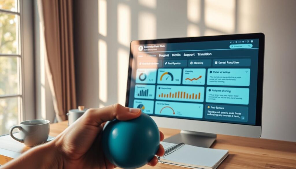 A tranquil workspace with a desktop computer, notepad, and a cup of coffee. Soft natural lighting filters through the window, creating a soothing ambiance. On the screen, a dashboard-like interface displays metrics, graphs, and supportive messages, guiding the user through the emotional challenges of a career transition. In the foreground, a hand gently holds a stress ball, a tangible symbol of the mental support tools available. The composition conveys a sense of focus, resilience, and the calm assurance that the transition can be navigated with the right resources.