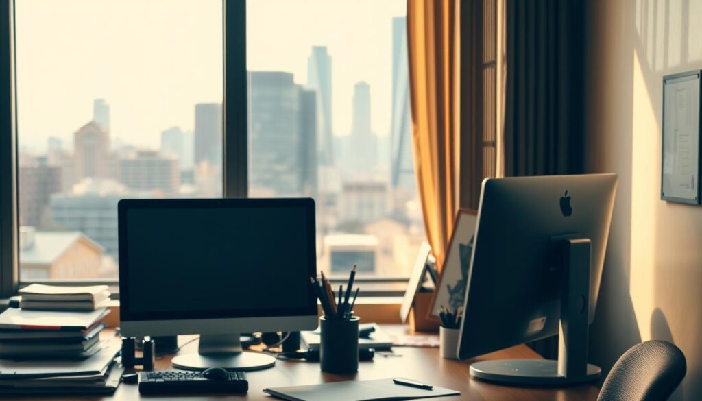 A typical office setting with a desk, computer, and assorted office supplies in the foreground. The middle ground features a window overlooking a bustling city skyline, suggesting the contrast between work and life outside the office. The background is softly blurred, creating a sense of depth and emphasizing the focal point. The lighting is warm and natural, casting a gentle glow over the scene. The overall mood is one of contemplation, with a balance between the demands of work and the desire for a fulfilling personal life.