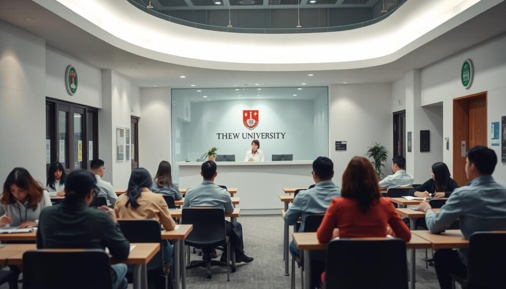 A university administrative office in a modern building, with a clean and professional atmosphere. In the foreground, a group of candidates sitting at desks, engaging in a written exam or interview process. The middle ground features a reception desk with a friendly staff member assisting visitors. The background showcases the university's logo and signage, conveying a sense of institutional authority. Soft, directional lighting illuminates the scene, creating a sense of seriousness and diligence. The overall composition suggests a thoughtful, meticulous hiring process designed to identify the most qualified candidates for university staff positions.