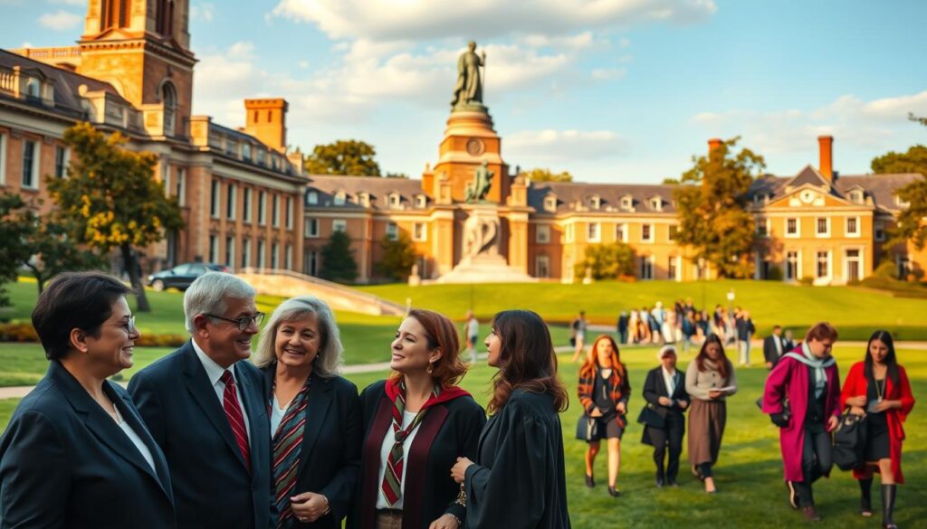 A university campus, its grand architecture and verdant grounds bathed in warm, golden light. In the foreground, a group of well-dressed individuals, some in business attire, others in academic robes, engaged in animated discussion. Their expressions convey a sense of camaraderie and shared understanding, hinting at the advantages of being a "mother school" alumnus. The middle ground features students hurrying to and fro, their faces reflecting a mix of determination and opportunity. In the background, a towering statue of the university's founder stands as a silent witness to the interplay of privilege and merit. The scene evokes the complex dynamics of "mother school advantage" and the challenges faced by those seeking to navigate the nuances of career advancement in the academic and professional realms.