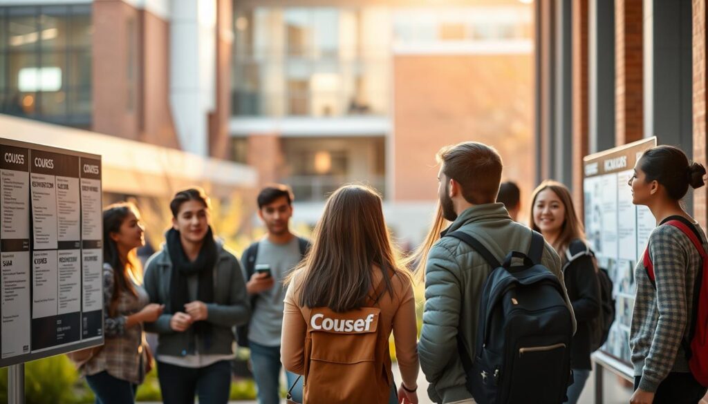 A university campus with students exploring different academic departments. In the foreground, a group of students engaged in lively discussions, gesturing towards a bulletin board displaying course offerings. The middle ground features a mix of modern and traditional architecture, creating a sense of intellectual vibrancy. The background is softly blurred, evoking a serene ambiance conducive to academic contemplation. Warm, natural lighting filters through the windows, casting a welcoming glow over the scene. The overall composition conveys the momentous decision of choosing a university major, a pivotal step in the journey towards a fulfilling career as a ranger.