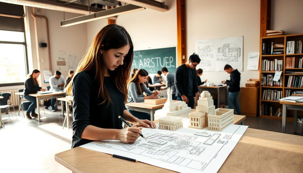 A university classroom filled with aspiring architecture students, intensely focused on their studies. In the foreground, a young woman sketches intricate building plans on her drafting table, illuminated by a warm, natural light filtering through large windows. In the middle ground, classmates collaborate on 3D models, carefully shaping the future structures they envision. The background reveals a chalkboard covered in architectural diagrams and a bookshelf brimming with reference materials, reflecting the academic rigor of their pursuit. An atmosphere of determination and creativity permeates the scene, capturing the preparatory steps these students take towards their goal of becoming accomplished architects.