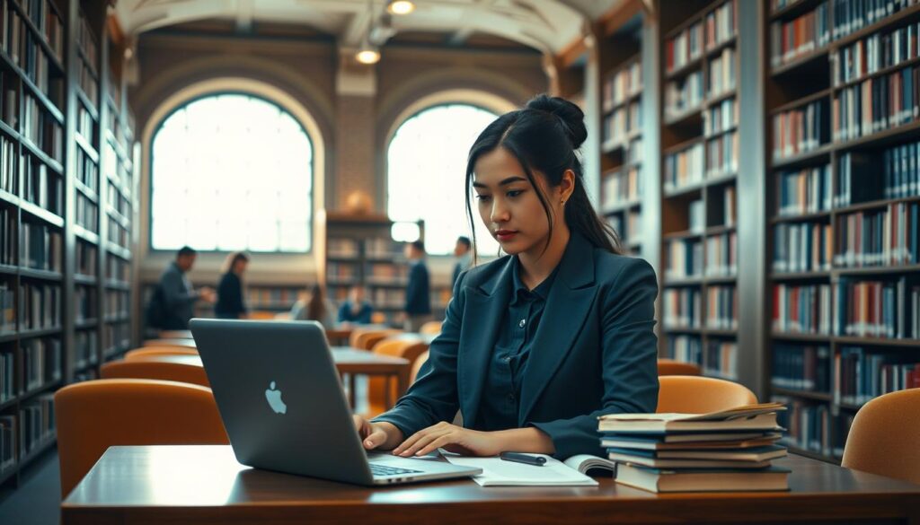 A university library interior, with floor-to-ceiling bookshelves lining the walls. A young woman in a crisp, professional outfit sits at a study desk, laptop open, surrounded by reference materials. Soft, warm lighting filters through large windows, casting a contemplative atmosphere. In the background, other students can be seen engaged in research and discussion, hinting at the academic setting. The scene conveys the dedication, focus, and intellectual environment necessary to become a skilled social worker, ready to help those in need.