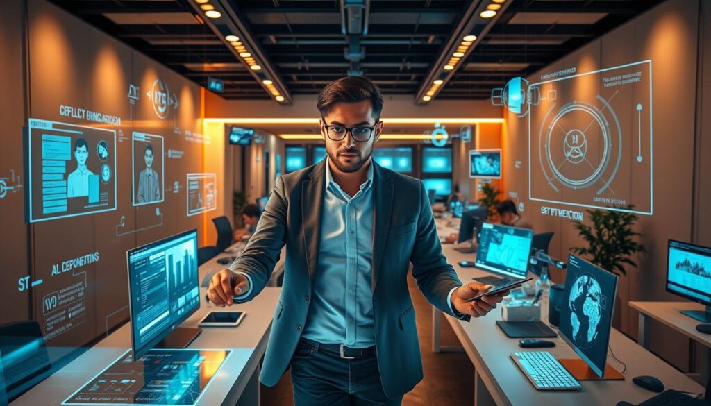 A university staff member navigating a technologically-advanced future office, surrounded by holographic displays, AI-powered assistants, and cutting-edge communication tools. The scene conveys a sense of efficiency, innovation, and adaptability, with the employee effortlessly multitasking and seamlessly leveraging technology to enhance their productivity and the student experience. Warm, ambient lighting illuminates the modern, minimalist workspace, creating a calming, professional atmosphere. The angle captures a bird's-eye view, emphasizing the harmony between the employee and their futuristic work environment.