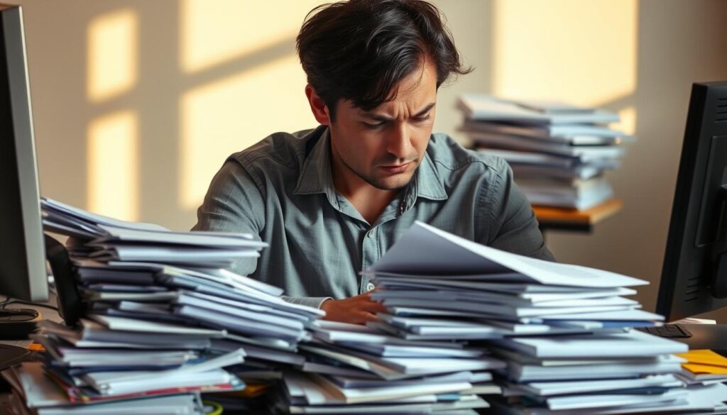 A university staff member sitting at a cluttered desk, overwhelmed by piles of paperwork, a computer monitor, and a ringing phone. Soft, warm lighting casts shadows across the scene, conveying a sense of fatigue and stress. The background is blurred, suggesting the employee's focus is entirely consumed by the demands of their work. The composition emphasizes the heavy workload and the strain it places on the individual. A somber, realistic mood permeates the image, reflecting the common misunderstandings about the challenges faced by university personnel transitioning to new roles.