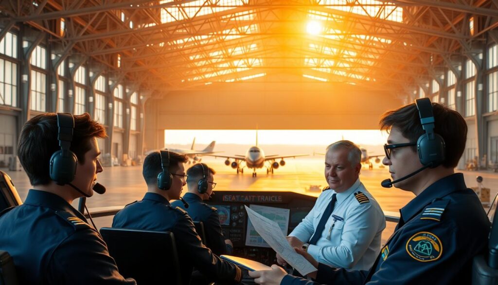 A vast and expansive hangar, flooded with warm, golden light streaming in through towering windows. In the foreground, a group of pilots-in-training, clad in crisp, navy blue uniforms, diligently studying flight charts and instruments on a state-of-the-art flight simulator. In the middle ground, instructors in pristine white shirts and epaulets provide guidance, their faces exuding a mix of expertise and patience. In the background, the silhouettes of advanced fighter jets and commercial airliners, a testament to the scale and sophistication of the aviation industry. The overall atmosphere is one of focus, dedication, and the palpable sense of the pursuit of mastery in the art of aviation.