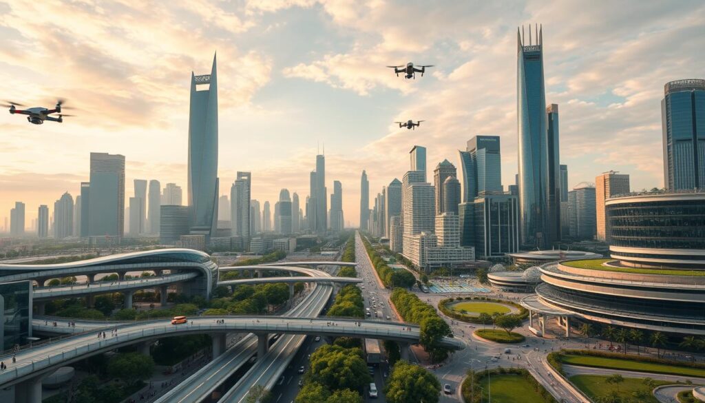 A vast, futuristic cityscape rises against a backdrop of vibrant skies. Sleek, towering skyscrapers in contemporary architectural styles dominate the scene, their glass facades reflecting the warm hues of the setting sun. In the foreground, a network of elevated walkways and transportation hubs bustles with activity, connecting the different districts of this international metropolis. The streets below teem with people and vehicles, showcasing the diverse cultural influences that shape this global hub of commerce and innovation. Drones and autonomous vehicles zip through the air, while lush, manicured green spaces provide respite amidst the urban sprawl. Subtle details, such as sustainable energy sources and advanced infrastructure, hint at the city's commitment to smart, environmentally-conscious development. An atmosphere of progress, dynamism, and international collaboration permeates the entire scene.