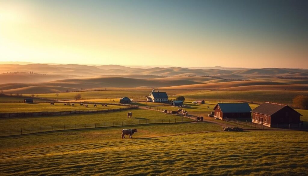 A vast, rolling pastoral landscape under a soft, golden afternoon light. In the foreground, a sprawling dairy farm with neatly fenced pastures, weathered wooden barns, and contented Holstein cows grazing peacefully. The middle ground features a modest farmhouse and various outbuildings, while the background showcases a hazy line of gently undulating hills. The scene exudes a sense of tranquility and agricultural abundance, perfectly capturing the essence of a thriving dairy operation.