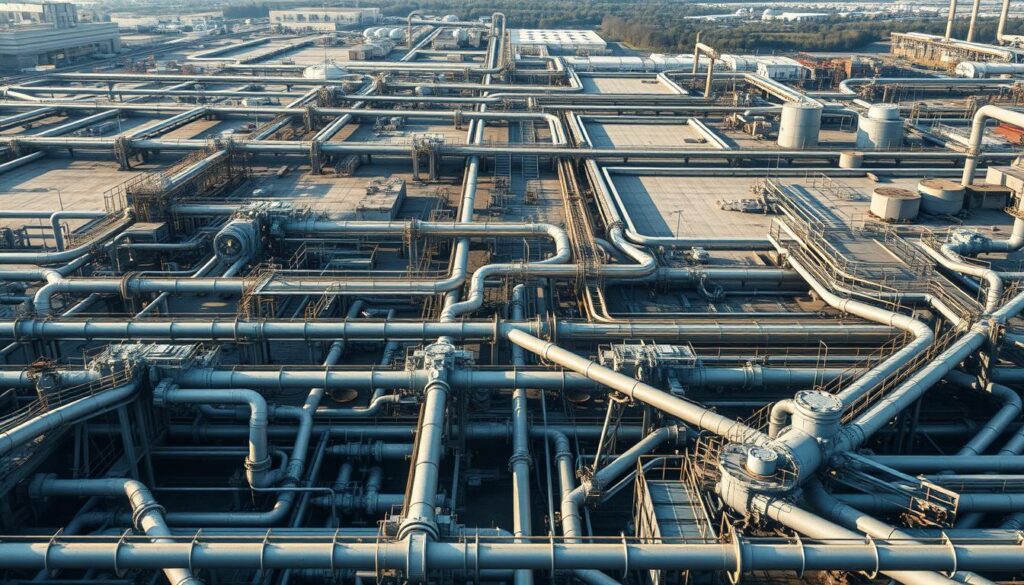 A vast, sprawling infrastructure system spanning the urban landscape, with intricate networks of pipes, valves, and treatment facilities. A world hidden beneath the surface, essential for the reliable delivery of clean water and the safe removal of wastewater. Sleek, modern design blends seamlessly with aging, weathered elements, reflecting the constant evolution and maintenance required to sustain this vital backbone of the city. Soft, diffused lighting illuminates the industrial scene, casting long shadows and highlighting the complexity of the interconnected components. This is the realm of the water infrastructure consultant, charged with optimizing and maintaining this unseen but indispensable system.