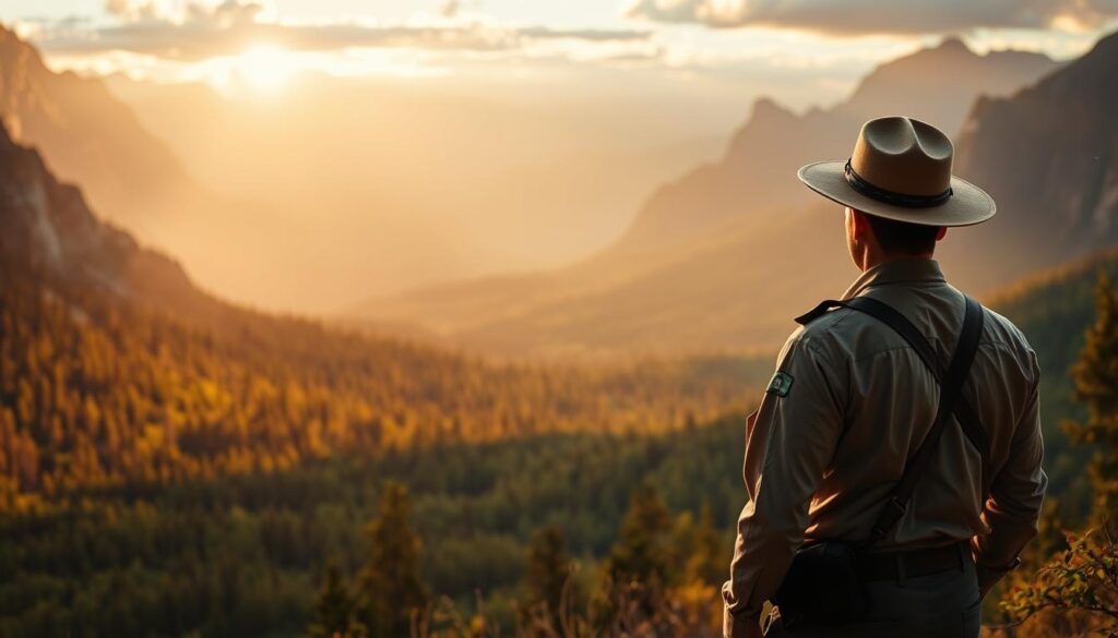 A vast, untamed wilderness stretches out before the viewer, its verdant forests and towering mountains bathed in the warm glow of the setting sun. In the foreground, a lone ranger stands vigilant, gazing out over the landscape with a sense of purpose and stewardship. The scene conveys a profound connection between the ranger and the natural world, hinting at the vital role these guardians play in preserving the delicate balance of our ecosystems. The composition is cinematic, with dramatic lighting and a sense of depth that draws the eye into the frame. This image embodies the future of conservation, where the dedication and expertise of rangers ensure the continued vitality of our most precious natural resources.