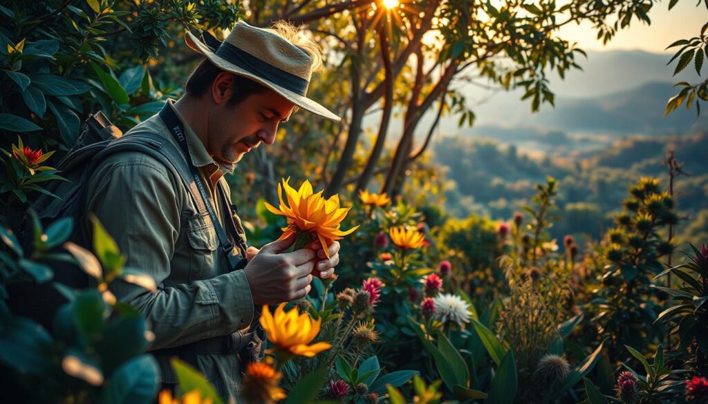 A verdant garden teeming with diverse plant species, illuminated by warm, golden sunlight filtering through the lush foliage. In the foreground, a plant hunter, clad in rugged explorer's gear, carefully examines a rare, exotic bloom, capturing its intricate details with a high-resolution camera. The middle ground showcases a collection of newly discovered specimens, meticulously cataloged and labeled, reflecting the plant hunter's dedication to expanding scientific knowledge. In the background, a panoramic view of untamed wilderness, hinting at the vast, unexplored territories yet to be traversed, brimming with the promise of undiscovered botanical treasures. The scene conveys a sense of wonder, exploration, and the boundless potential for the future of plant hunting.