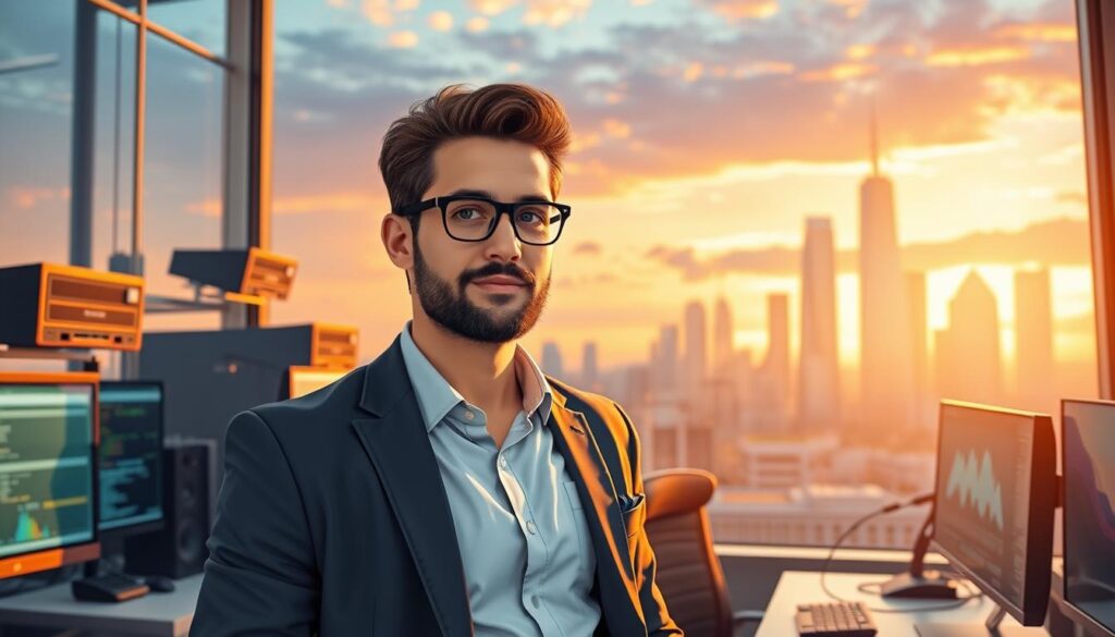 A vibrant and detailed illustration of a programmer's annual income, showcasing a well-dressed professional standing in a modern office, surrounded by screens and tech accessories. The scene is bathed in warm, natural lighting, captured from a slightly elevated angle to convey a sense of authority and expertise. The programmer's facial expression reflects a mix of confidence and concentration, highlighting the intellectual demands of the role. In the background, a cityscape with towering skyscrapers and a sunset sky sets the stage for the high-earning potential of the profession. The overall composition and color palette evoke a sense of prosperity and success associated with a programmer's career.