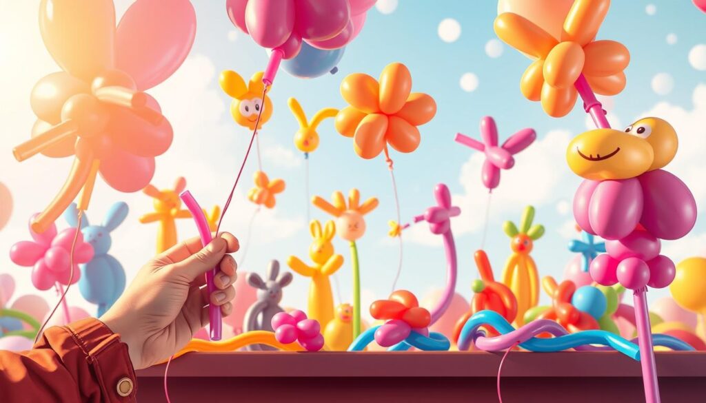 A vibrant and detailed illustration showcasing the fundamental techniques of balloon artistry. The foreground depicts a skilled artist's hands skillfully twisting, shaping, and inflating a variety of colorful balloons, creating whimsical animal shapes and intricate designs. The middle ground features an array of partially inflated and finished balloon creations, capturing the process and creativity of this unique craft. The background sets the scene with a soft, dreamy atmosphere, perhaps a playful party or festival setting, allowing the balloon art to take center stage. Warm, natural lighting illuminates the scene, highlighting the texture and vibrant hues of the balloons. The overall composition conveys the joy, dexterity, and artistic expression inherent in the practice of balloon artistry.