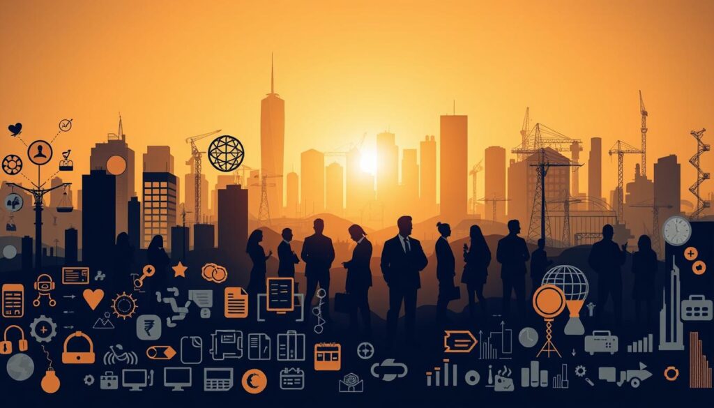 A vibrant and diverse landscape showcasing the unique business characteristics of various industries. In the foreground, dynamic icons and symbols representing different sectors - technology, finance, healthcare, retail, and more. In the middle ground, silhouetted figures engaged in their respective tasks, conveying the hustle and bustle of the corporate world. The background features a skyline of skyscrapers and infrastructures, bathed in warm, golden lighting that creates a sense of productivity and ambition. The composition is balanced, with a sense of depth and movement, capturing the multifaceted nature of the modern business landscape.