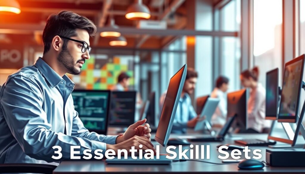 A vibrant and dynamic digital illustration showcasing the "3 Essential Skill Sets" for a customer engineer. In the foreground, a skilled professional expertly navigating computer interfaces, coding, and technical troubleshooting. In the middle ground, seamless collaboration with clients, empathetic communication, and problem-solving. In the background, a sleek, high-tech office environment with cutting-edge technology, conveying the importance of staying up-to-date with the latest industry innovations. Warm lighting casts a professional glow, while a subtle depth of field highlights the key focal points. The overall atmosphere radiates competence, adaptability, and a commitment to delivering exceptional customer service.