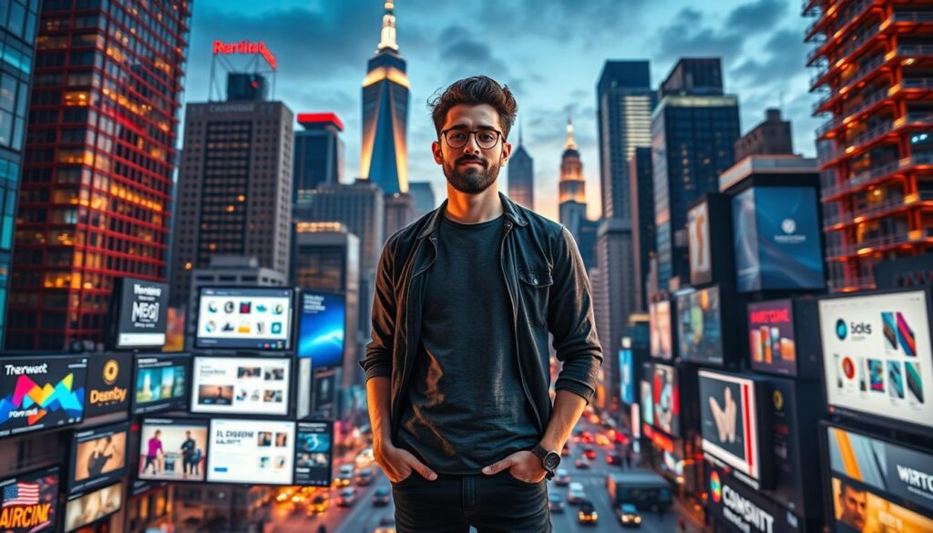 A vibrant and dynamic future for the design industry, with a bustling metropolis in the background. In the foreground, a graphic designer standing confidently, surrounded by a collage of digital screens displaying their latest work - sleek user interfaces, bold branding concepts, and innovative product designs. The cityscape behind them is alive with towering skyscrapers, neon lights, and a sense of constant progress. The lighting is dramatic, with warm hues casting a glow on the designer, while the city is illuminated by a mix of natural and artificial light. The composition conveys the excitement, creativity, and boundless potential of the design profession, inspiring the viewer to imagine themselves as part of this thriving industry.