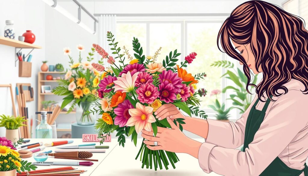 A vibrant and dynamic illustration showcasing the concept of "skill up" for a successful flower designer. In the foreground, a skilled florist meticulously arranges a bouquet of lush, colorful flowers, their hands moving with precision and artistry. In the middle ground, a variety of floristry tools and materials are neatly organized, symbolizing the importance of mastering technical skills. The background depicts a modern, airy studio space filled with natural light, conveying a sense of creativity, professionalism, and growth. The overall mood is one of inspiration, determination, and a passion for the craft, perfectly encapsulating the keys to success for a thriving flower designer.