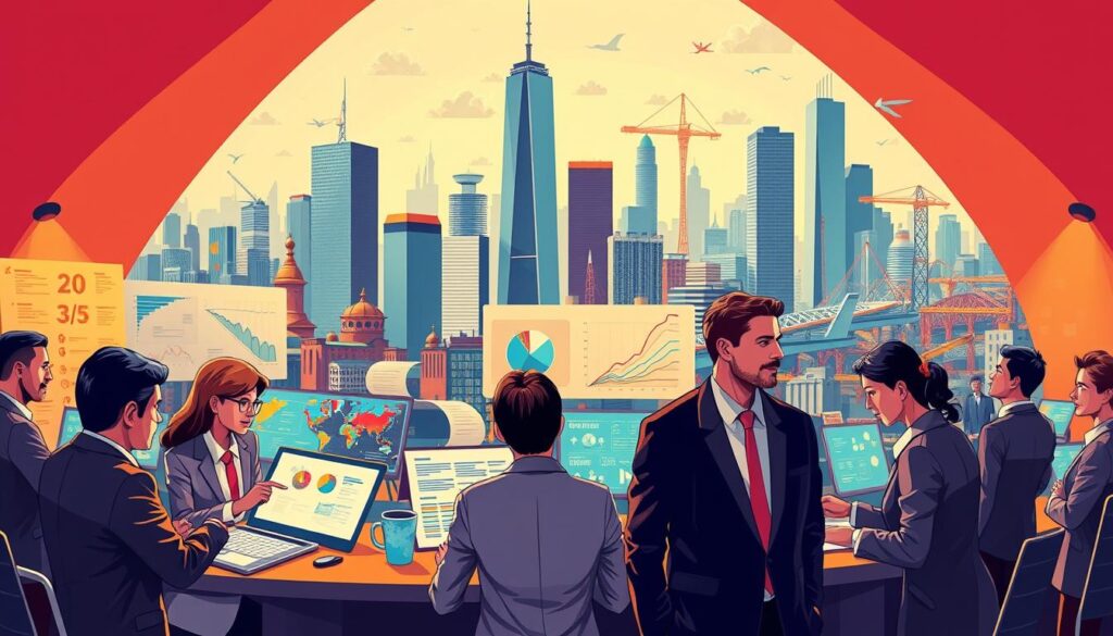 A vibrant and dynamic illustration showcasing the diverse activities of technocrats. In the foreground, figures in business attire are engaged in discussions, presentations, and data analysis, their expressions focused and determined. The middle ground features a variety of tools and technologies, from laptops and spreadsheets to complex data visualizations and digital simulations. In the background, a cityscape of towering skyscrapers and bustling infrastructure reflects the technocrat's influence on the built environment. The scene is illuminated by warm, directional lighting, casting dramatic shadows and creating a sense of depth and atmosphere. The overall composition conveys the technocrat's role in shaping policy, driving innovation, and transforming the world around them.