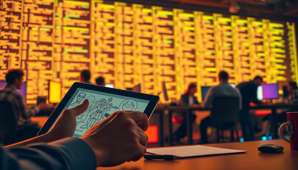 A vibrant and dynamic scene depicting the essential skills required for game design. In the foreground, a designer's hands expertly manipulate a tablet, sketching out intricate character designs and level layouts. In the middle ground, a team collaborates, brainstorming ideas and refining game mechanics, their faces illuminated by the glow of computer screens. In the background, a towering wall of code and algorithms, representing the technical prowess needed to bring these creative visions to life. The lighting is warm and inviting, conveying the passion and creativity inherent in the game design process. The overall composition emphasizes the intersection of artistic vision, collaborative problem-solving, and technical mastery that defines the skillset of a talented game designer.