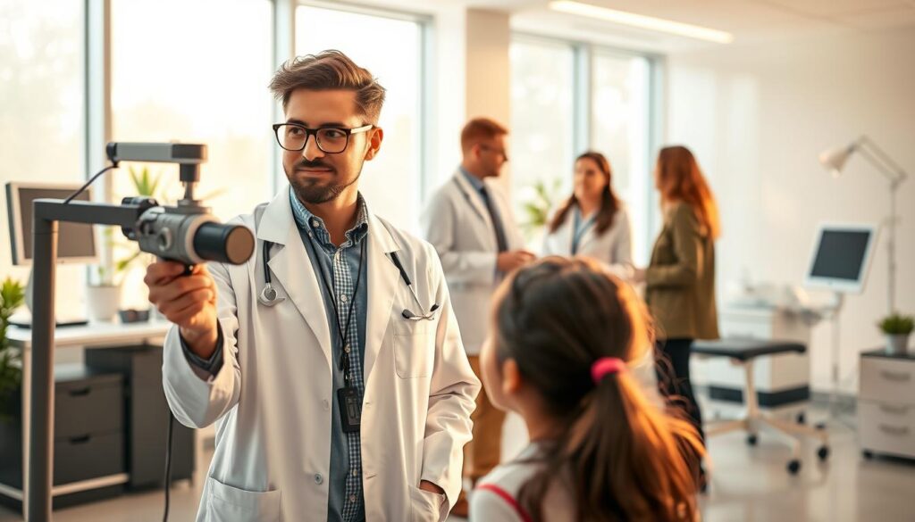 A vibrant and dynamic scene depicting the future prospects of a speech-language pathologist. In the foreground, a confident professional in a white coat examines a patient, using cutting-edge diagnostic tools. In the middle ground, a team of specialists collaborates, discussing the latest advancements in speech and language therapy. The background showcases a modern, well-equipped clinic, with sleek, state-of-the-art equipment and a serene, calming atmosphere. Soft, natural lighting filters through large windows, creating a sense of warmth and optimism. The overall mood conveys the growth, innovation, and fulfillment inherent in this rewarding and impactful career path.