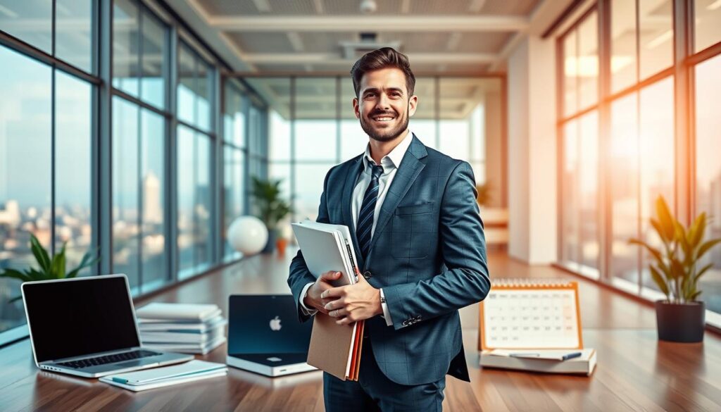 A vibrant and dynamic scene depicting the key points for a successful job transition at age 29. In the foreground, a confident professional stands with an open, determined expression, dressed in a well-tailored suit and holding a portfolio - symbolizing readiness for new opportunities. The middle ground showcases various career-focused elements, such as a laptop, a stack of resumes, and a tactile calendar, all signifying the preparation and planning involved. The background features a modern office environment, with clean lines, large windows allowing natural light to flood the scene, and a skyline visible in the distance, hinting at the exciting future ahead. The overall mood is one of excitement, optimism, and a sense of taking control of one's professional destiny.