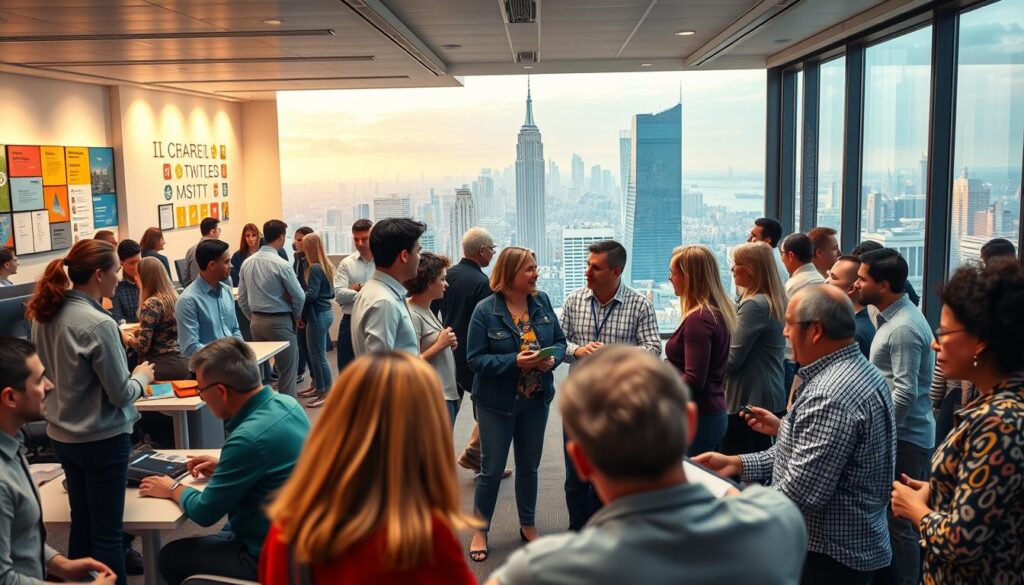 A vibrant and dynamic scene of a career transition support service. In the foreground, a diverse group of individuals, both young and old, engaged in discussions and collaborating on job search strategies. The middle ground features a sleek, modern office space with ergonomic workstations, warm lighting, and inspirational wall displays. In the background, a cityscape with towering skyscrapers and a bustling metropolis, symbolizing the wealth of professional opportunities available. The overall atmosphere is one of optimism, empowerment, and a collaborative spirit, perfectly capturing the essence of a service dedicated to supporting the career aspirations of senior professionals.