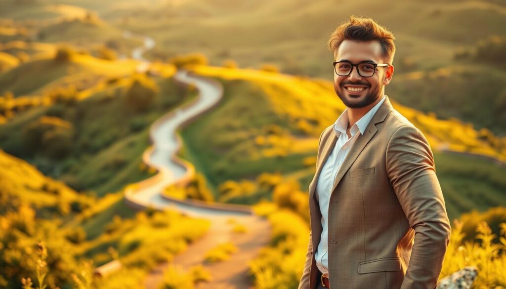 A vibrant and dynamic scene showcasing the benefits of a career change. In the foreground, a confident professional stands tall, their expression radiating a sense of renewed purpose and enthusiasm. In the middle ground, a winding path symbolizes the journey of professional reinvention, with milestones and achievements lining the way. The background is a lush, verdant landscape, suggesting the growth and opportunities that await those who embrace a new career path. Warm, golden lighting illuminates the scene, creating a sense of optimism and positivity. The overall atmosphere conveys the empowering and rejuvenating experience of a successful job transition.