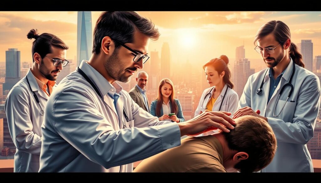 A vibrant and dynamic scene showcasing the diverse career paths for chiropractors. In the foreground, a chiropractor administering an adjustment to a patient, their faces etched with focus and care. In the middle ground, various chiropractors engaged in different aspects of the profession - consulting with clients, conducting research, teaching at a university, and operating their own practice. The background features a bustling cityscape, hinting at the urban settings where chiropractors often thrive. The lighting is warm and inviting, creating a sense of purpose and fulfillment. Rendered in a style that blends realism with a touch of dreamlike quality, the image conveys the multifaceted nature of a chiropractic career path.