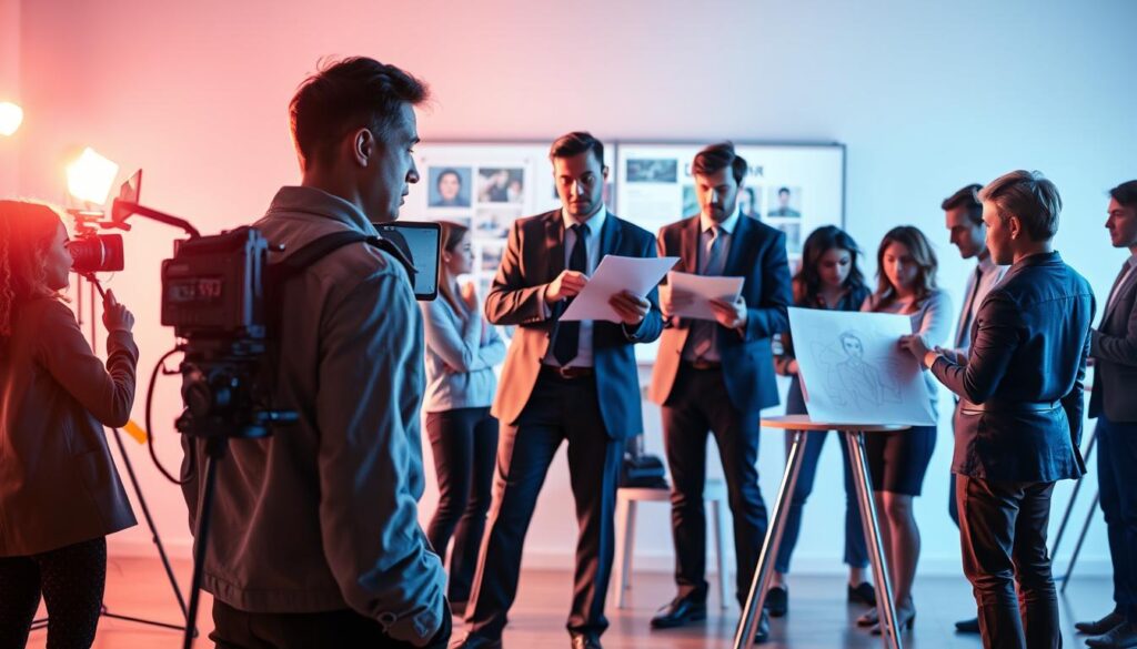 A vibrant and dynamic scene showcasing the diverse roles of directors. In the foreground, a film director stands behind a camera, intently focused on capturing the perfect shot. In the middle ground, a corporate executive reviews presentation slides, leading a team of marketing directors. In the background, an art director finishes a detailed sketch, collaborating with a group of designers. Soft, directional lighting illuminates the subjects, emphasizing their unique responsibilities and expertise. The overall atmosphere is one of creative energy and professional collaboration, reflecting the multifaceted nature of directorship.