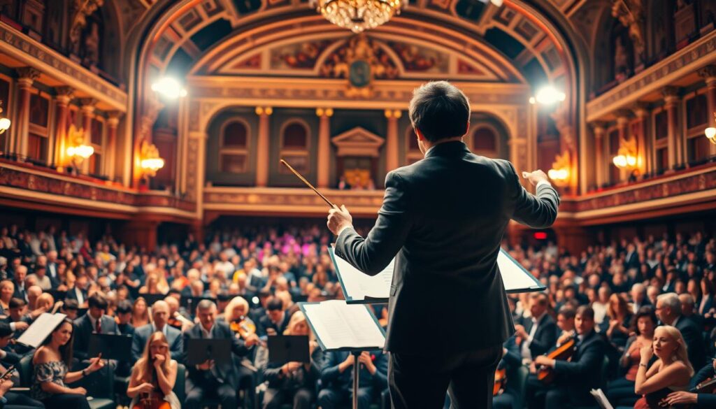 A vibrant and dynamic scene showcasing the future potential of a tour conductor. In the foreground, a conductor stands confidently on a stage, baton in hand, leading a diverse orchestra through a captivating performance. The middle ground features a packed audience, their faces alight with wonder and enthusiasm. In the background, a grand, architecturally striking concert hall sets the stage, its ornate details and elegant lighting creating a sense of grandeur and possibility. The overall composition conveys the tour conductor's pivotal role in shaping cultural experiences, their ability to captivate and inspire audiences, and the vast opportunities that lie ahead in this dynamic profession.