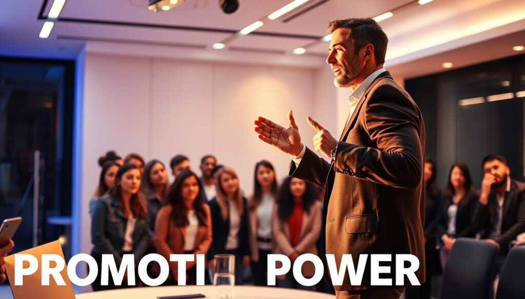 A vibrant and dynamic scene showcasing the importance of promotional power. In the foreground, a charismatic figure stands tall, gesturing confidently as they address a captivated audience. Warm lighting casts a glow, highlighting their engaging expression and body language. In the middle ground, a group of attentive viewers lean in, their faces alight with interest. The background is a sleek, modern setting, with clean lines and minimalist design elements that convey a sense of professionalism and expertise. The overall atmosphere exudes a sense of energy, authority, and the transformative impact of effective promotion.
