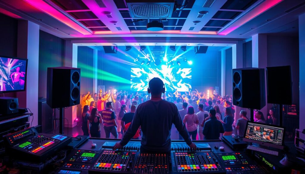 A vibrant and dynamic video jockey's studio, filled with an array of advanced audio and visual equipment. In the foreground, a skilled VJ stands behind the mixing console, their hands expertly manipulating knobs and sliders to create a mesmerizing audiovisual performance. Surrounding them, a sea of colorful LED lights, high-end speakers, and a large projection screen displaying visuals that sync with the pulsing beats. The mid-ground features a crowd of enthusiastic club-goers, their faces illuminated by the flashing lights, dancing and immersed in the electrifying atmosphere. In the background, a sleek and modern club interior with a high ceiling and expansive windows, hinting at the potential for a lucrative career as a in-demand video jockey.
