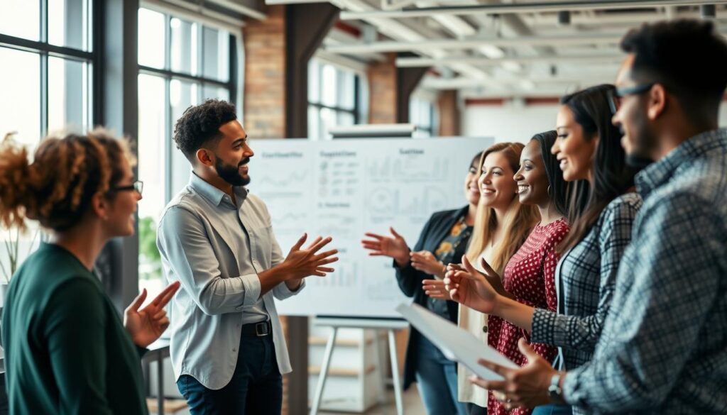 A vibrant and dynamic workplace scene showcasing the importance of team communication. In the foreground, a group of diverse professionals engaged in an animated discussion, their body language and facial expressions conveying a sense of collaboration and mutual understanding. The middle ground features a large whiteboard or interactive display, with data visualizations and brainstorming notes, highlighting the collaborative nature of their work. The background is softly blurred, suggesting an open-concept office environment with ample natural light filtering in through large windows. The overall mood is one of productivity, creativity, and a shared sense of purpose, underscoring the essential role of effective communication in driving team success.