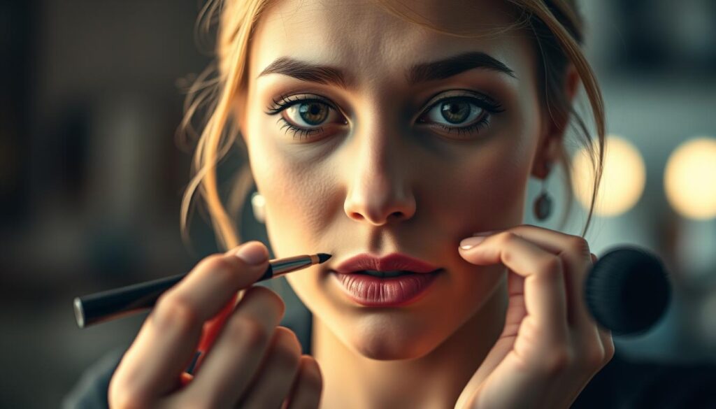 A vibrant and expressive close-up portrait of a female makeup artist, illuminated by soft, warm lighting that highlights the artistry and passion in her eyes. The foreground features her skilled hands expertly applying makeup, capturing the sense of focus and dedication in her work. The middle ground showcases her thoughtful, contemplative expression, conveying the deep sense of fulfillment and personal connection she feels to her craft. The background is blurred, allowing the viewer to focus solely on the subject and her work. The overall mood is one of intense concentration, pride, and the joy of creation.