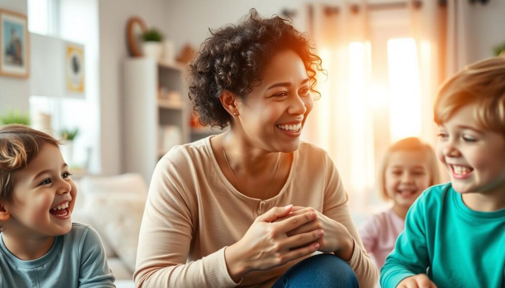 A vibrant and inspirational scene depicting the keys to success for a nanny. In the foreground, a warm and nurturing nanny interacts with happy, well-cared-for children, their faces filled with joy. The middle ground showcases a tidy, organized home environment, with thoughtful decor and child-friendly furnishings. In the background, a soft, glowing light casts an aura of positivity and achievement, symbolizing the fulfillment and prosperity that can come from excelling as a nanny. The lighting is soft and natural, with a hint of a golden hour glow. The composition is balanced and harmonious, inviting the viewer to envision the successful path of a skilled and dedicated nanny.