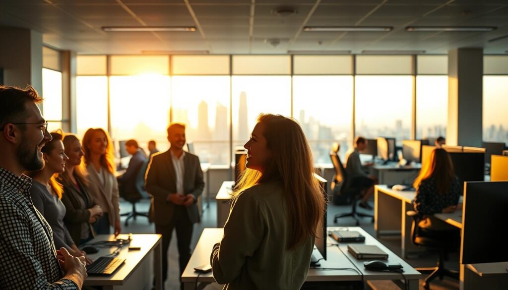 A vibrant and modern office setting, bathed in soft, warm lighting. In the foreground, a group of employees engaged in animated discussion, their faces conveying a sense of camaraderie and job satisfaction. The middle ground features an array of ergonomic workstations, each equipped with the latest technology. In the background, a panoramic view of the city skyline through floor-to-ceiling windows, symbolizing the company's commitment to employee well-being and work-life balance. The overall atmosphere exudes a sense of professionalism, productivity, and a strong corporate culture that prioritizes employee welfare.