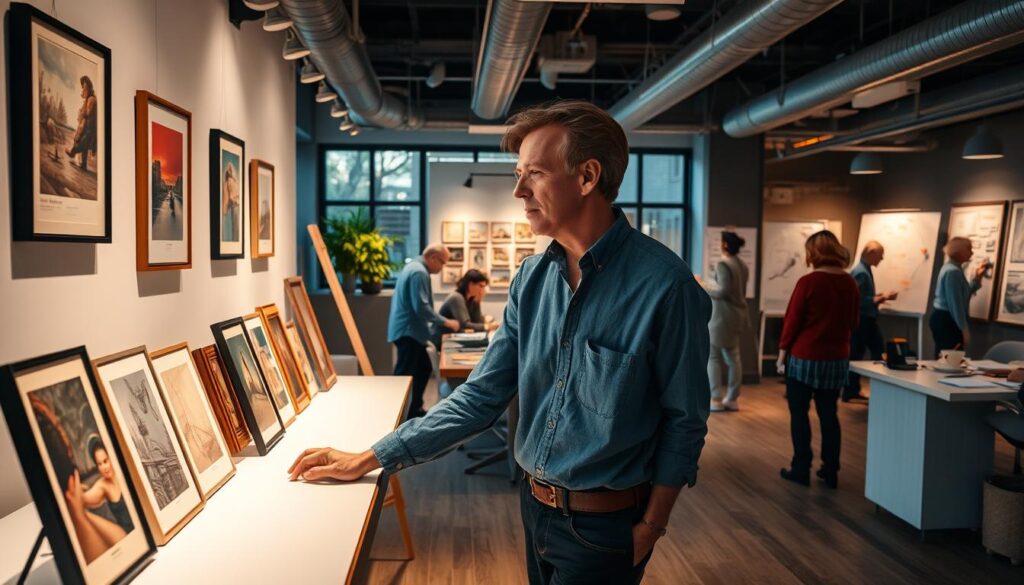 A vibrant and organized office space showcasing the diverse responsibilities of a curator. In the foreground, a curator meticulously arranges art pieces on a well-lit display, considering angles and placement with a discerning eye. In the middle ground, curators collaborate around a conference table, discussing exhibition concepts and budgets. In the background, a team brainstorms new ideas, sketching on whiteboards under warm lighting. The atmosphere is one of creative focus, attention to detail, and dynamic teamwork - capturing the multifaceted nature of a curator's work.