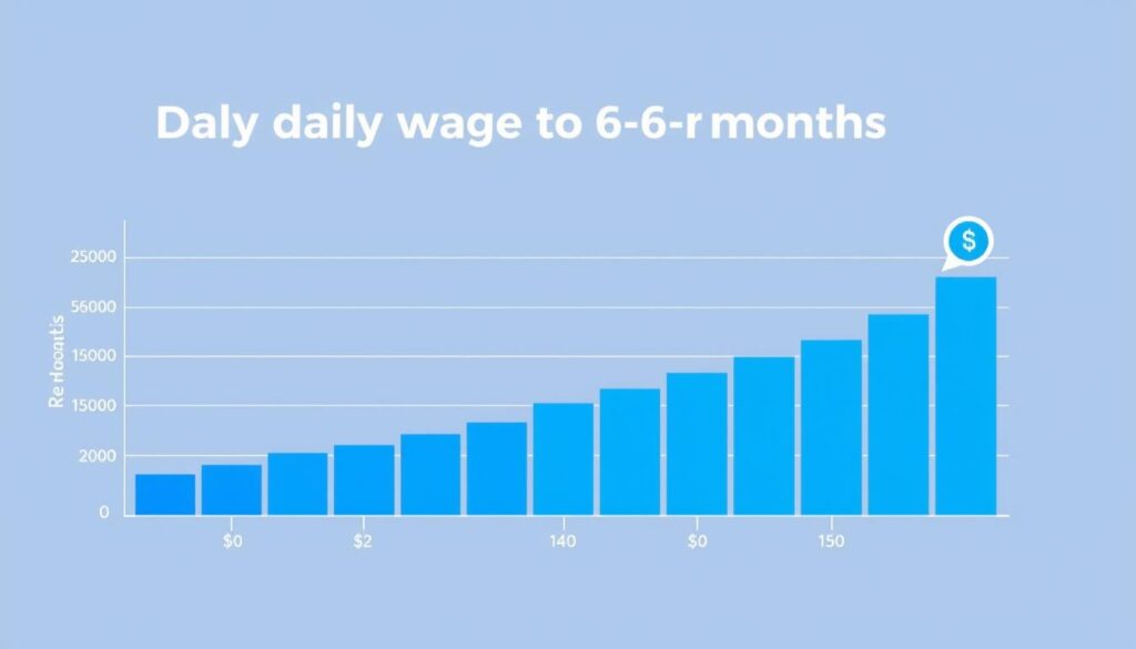 A vibrant bar graph or infographic depicting the daily wage amount during the first 6 months after re-employment. The chart should be rendered in a sleek, modern style with clean lines and a minimalist color palette, perhaps shades of blue or gray. The background should be plain and uncluttered, allowing the data visualization to take center stage. The graph should be precise and easy to read, conveying the financial information clearly and concisely. An optional icon or symbol could be included to represent the concept of "re-employment" or "wages". Overall, the image should feel professional, data-driven, and suitable for inclusion in a practical financial guidance article.