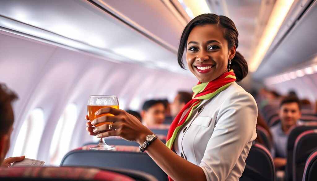 A vibrant cabin attendant serving drinks and snacks to passengers on a long-haul flight, her warm smile and attentive demeanor radiating a genuine sense of purpose and fulfillment. Crisp, white uniform accentuated by a bold scarf, the cabin's soft, ambient lighting casting a serene, professional glow. Passengers in the background reflect a diverse, international crowd, their faces expressing contentment and appreciation for the attentive service. The attendant's eyes sparkle with a deep satisfaction, her role pivotal in ensuring a comfortable, memorable journey for all on board.