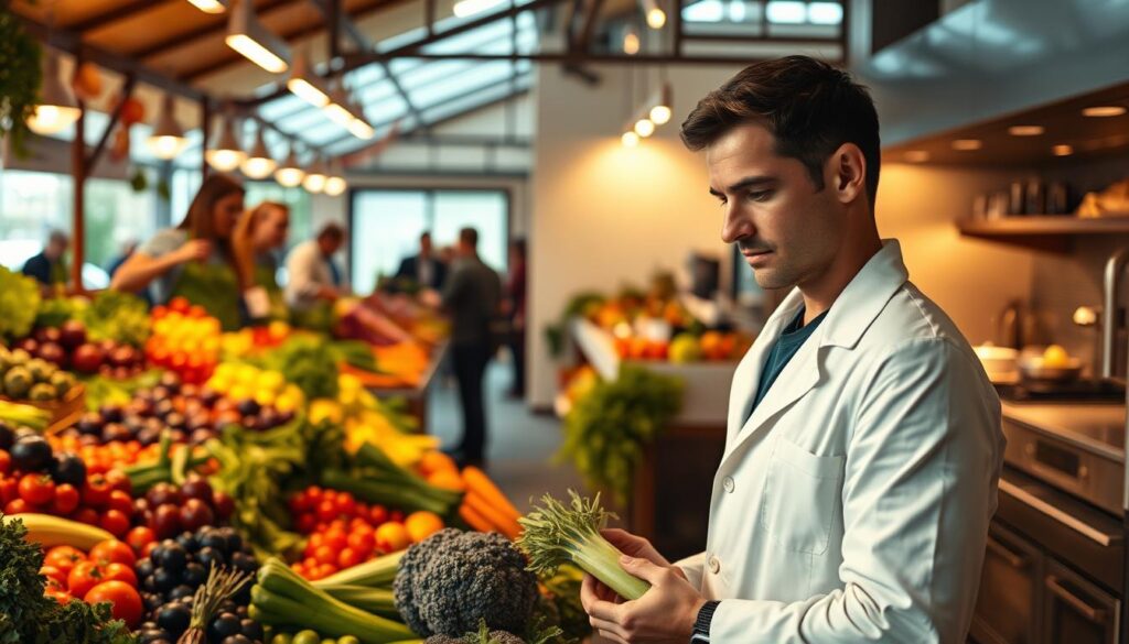 A vibrant career path for a vegetable sommelier, showcased in a dynamic composition. In the foreground, a professional in a crisp white coat stands confidently, inspecting a selection of fresh, colorful produce. The middle ground features a bustling farmer's market, with vendors proudly displaying their seasonal offerings. In the background, a modern, high-tech kitchen comes into view, hinting at the diverse culinary applications of the sommelier's expertise. Warm lighting bathes the scene, creating a sense of professionalism and passion. The image conveys the multifaceted nature of the vegetable sommelier's role, from field to table, highlighting the depth of knowledge and versatility required for this unique career path.
