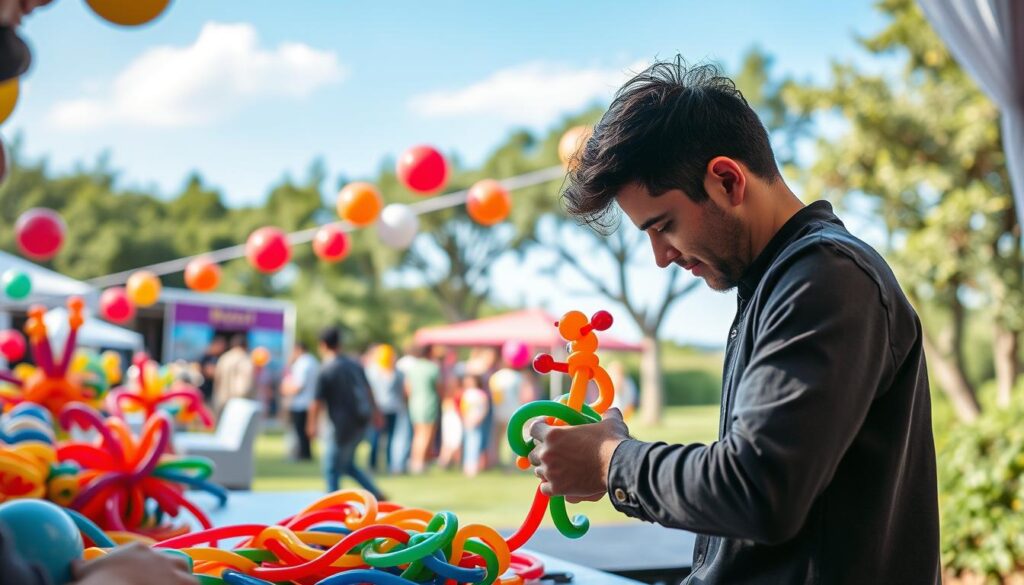 A vibrant career path in balloon art, showcasing a whimsical progression from a beginner's workshop to a professional balloon artist's studio. In the foreground, a talented individual masterfully twists colorful balloons into intricate sculptures, their focus and dexterity evident. The middle ground reveals a bustling event, where the balloon artist entertains a crowd with their dynamic balloon creations. In the background, a serene outdoor setting provides a tranquil backdrop, with lush greenery and a clear blue sky. Soft, warm lighting illuminates the scene, evoking a sense of joy and celebration. The overall composition captures the passion, skill, and versatility required to pursue a fulfilling career in the whimsical world of balloon art.