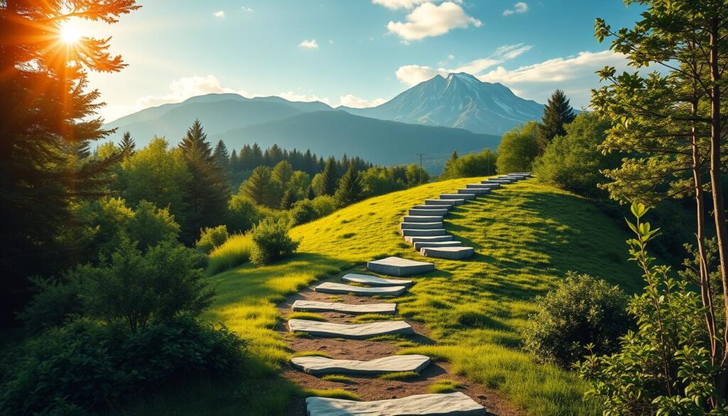 A vibrant career progression landscape, illuminated by warm, directional lighting from the left. In the foreground, a winding path leads through a lush, verdant forest, symbolizing the journey of personal growth. The middle ground features various stepping stones, representing the distinct stages of a system administrator's career - from entry-level roles to senior management positions. In the background, a majestic mountain range rises, evoking a sense of limitless potential and the possibility of reaching new professional heights. The overall composition conveys a sense of depth, momentum, and the endless possibilities that lie ahead for the dedicated system administrator.