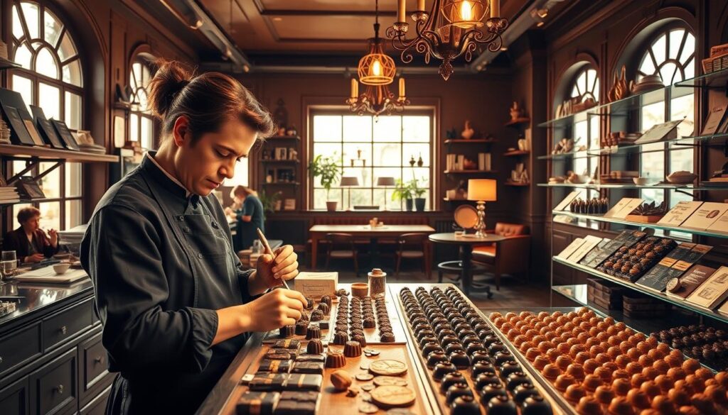 A vibrant chocolaterie interior, bathed in warm, golden light filtering through large windows. In the foreground, a master chocolatier delicately crafts intricate confections, their focused expression conveying the artistry and passion of their craft. Surrounding them, an array of chocolate molds, tools, and ingredients speak to the attention to detail and meticulous process involved. In the middle ground, shelves display an array of beautifully packaged chocolate creations, each one a work of edible art. The background features a cozy, inviting seating area where customers can savor the chocolates and appreciate the skilled work on display. The overall atmosphere exudes a sense of pride, creativity, and the joy of transforming simple cocoa beans into extraordinary culinary delights.