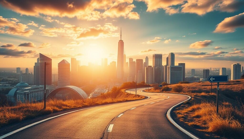 A vibrant, cinematic image of a career path unfolding in a modern urban landscape. In the foreground, a winding road representing the journey, with signposts and milestones guiding the way. The middle ground showcases a bustling city skyline, symbolizing the diverse opportunities and challenges along the path. In the background, a warm, golden light filters through, casting a sense of hope and accomplishment. The scene is captured with a wide-angle lens, emphasizing the scale and scope of the career path. The overall mood is one of determination, progress, and the endless possibilities that lie ahead.