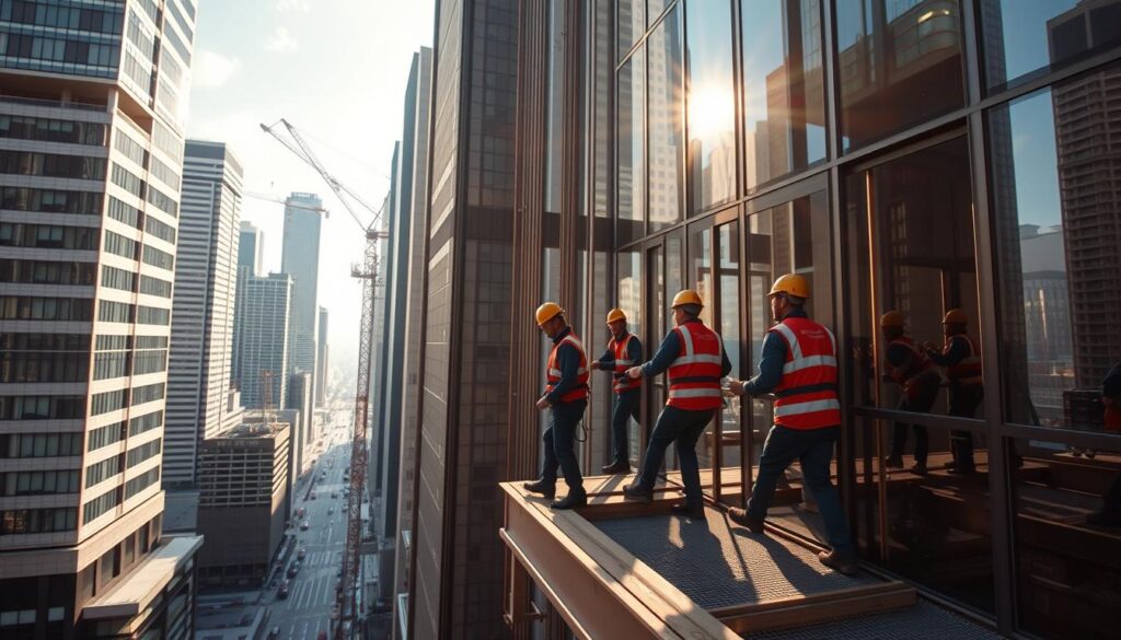 A vibrant cityscape with towering skyscrapers and bustling streets, featuring a group of skilled construction workers, known as "toriobisho", efficiently navigating the high-rise structure. Sunlight filters through the glass facades, casting a warm glow on the scene. The workers, clad in their distinctive uniforms, move with precision and coordination, their expertise evident in every task they undertake. In the background, cranes and construction equipment stand as symbols of the industry's progress and the toriobisho's integral role in shaping the urban landscape. The composition captures the dynamism and success of this specialized profession, showcasing the toriobisho's crucial contributions to the city's development.