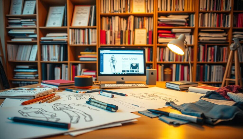 A vibrant, close-up scene of a fashion designer's desk, illuminated by a warm, soft lighting. In the foreground, an array of fashion sketches, design tools, and swatches of fabric in various colors and textures. In the middle ground, a laptop and tablet display technical drawings and online educational resources. The background features bookshelves filled with design and fashion-related textbooks and certificates, hinting at the formal education and specialized expertise required for the profession. The overall atmosphere conveys a sense of creativity, focus, and the importance of both practical skills and formal training in the fashion design industry.