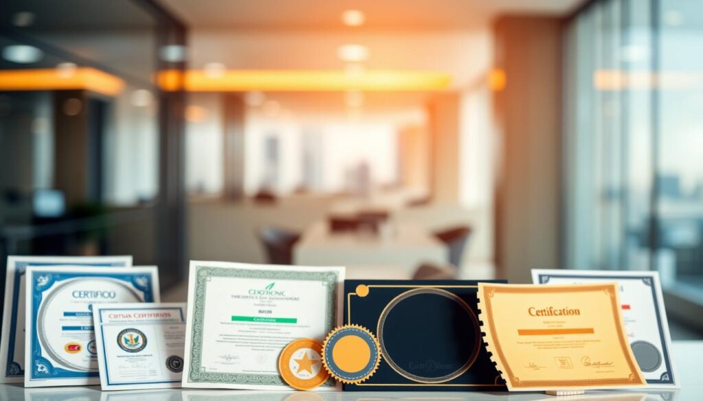A vibrant collage of professional certifications and credentials, set against a sleek, modern backdrop. In the foreground, various certificates and seals in shades of blue, green, and orange stand out, symbolizing expertise and specialization. The middle ground features a subtle grid-like pattern, hinting at the organized and structured nature of these qualifications. In the background, a blurred cityscape or office environment suggests the real-world applications and relevance of these valuable assets. Soft, directional lighting casts a warm, professional glow, highlighting the importance and prestige of these "advantageous qualifications and certifications."