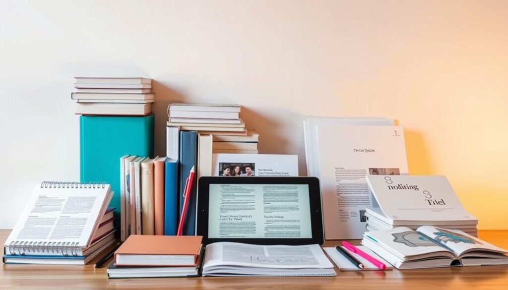 A vibrant collection of design resources and learning materials, meticulously arranged against a clean, minimalist backdrop. Textbooks, tablets, and sketchpads are neatly displayed, conveying a sense of focus and dedication to the craft of editorial design. Soft, diffused lighting casts a warm, inviting glow, creating an atmosphere of intellectual curiosity and creative exploration. The composition is balanced, with elements thoughtfully positioned to guide the viewer's eye through the scene. This image captures the essence of the "Useful Resources and Learning Materials" section, inspiring aspiring editorial designers to dive deeper into their studies and unlock new possibilities.