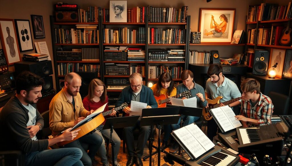 A vibrant community of music arrangers, gathered together in a cozy studio setting. In the foreground, a group of arrangers collaborate over sheet music and instruments, their faces animated with creative energy. The middle ground features an array of musical equipment, from keyboards and guitars to mixing consoles, all bathed in warm, soft lighting. In the background, shelves brimming with reference books, sound libraries, and inspirational artwork create a sense of an immersive, artistic haven. The overall atmosphere exudes a palpable synergy, where talented individuals come together to shape the sonic landscape of the music industry.